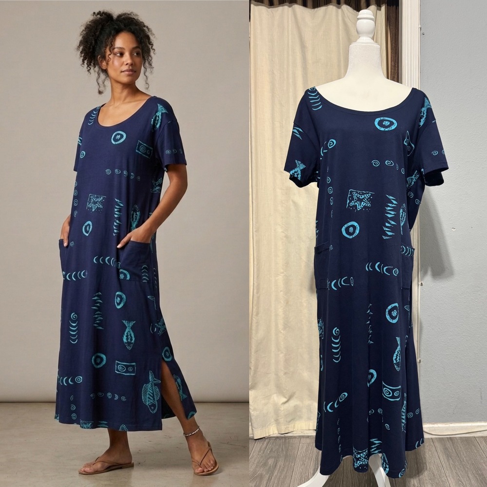 100% Cotton Lagenlook Maxi Dress XL Navy Blue Fish Print Pockets Beach Summer
